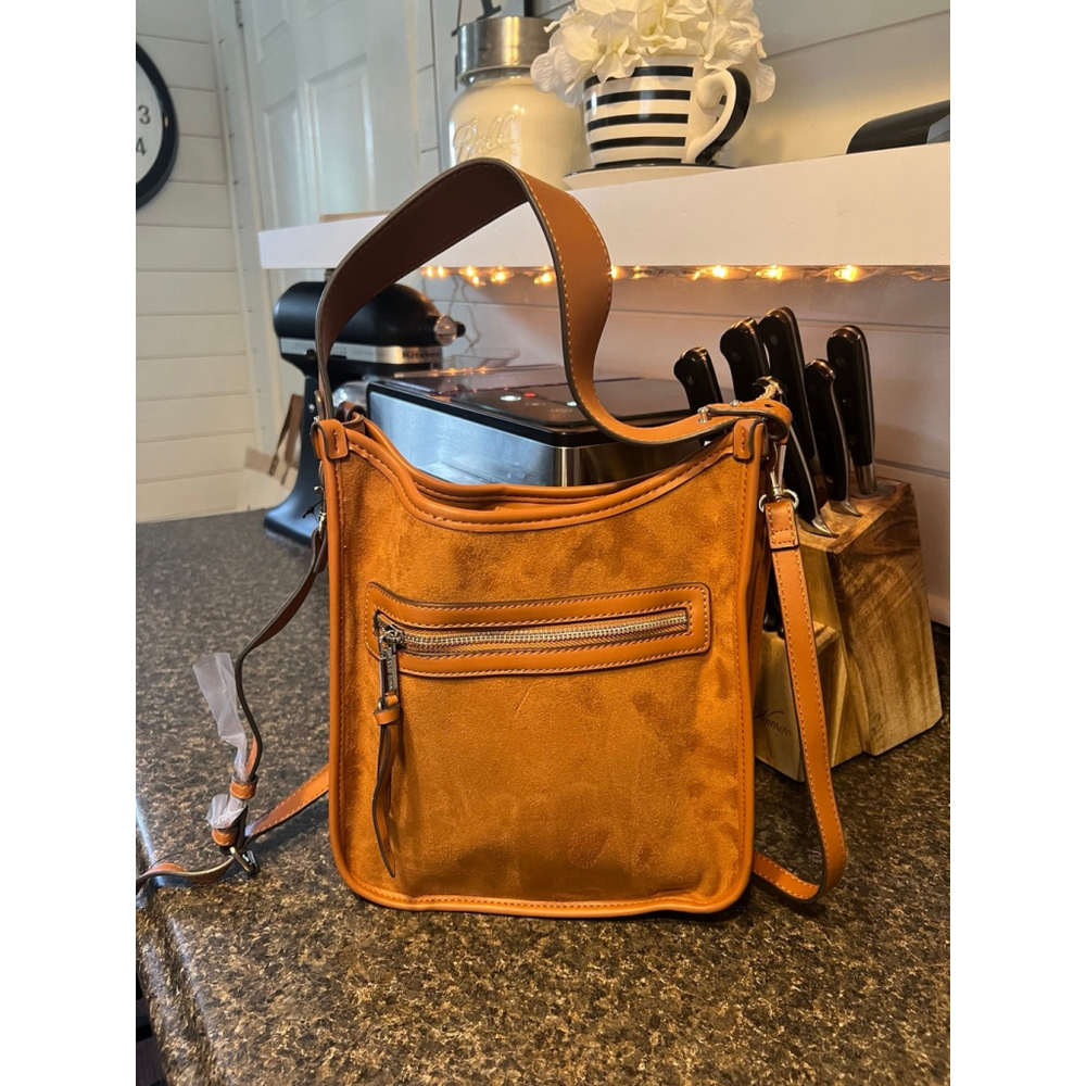 NWT Rae Dunn Rene Large Crossbody Caramel Grained Bag - Picture 6 of 11